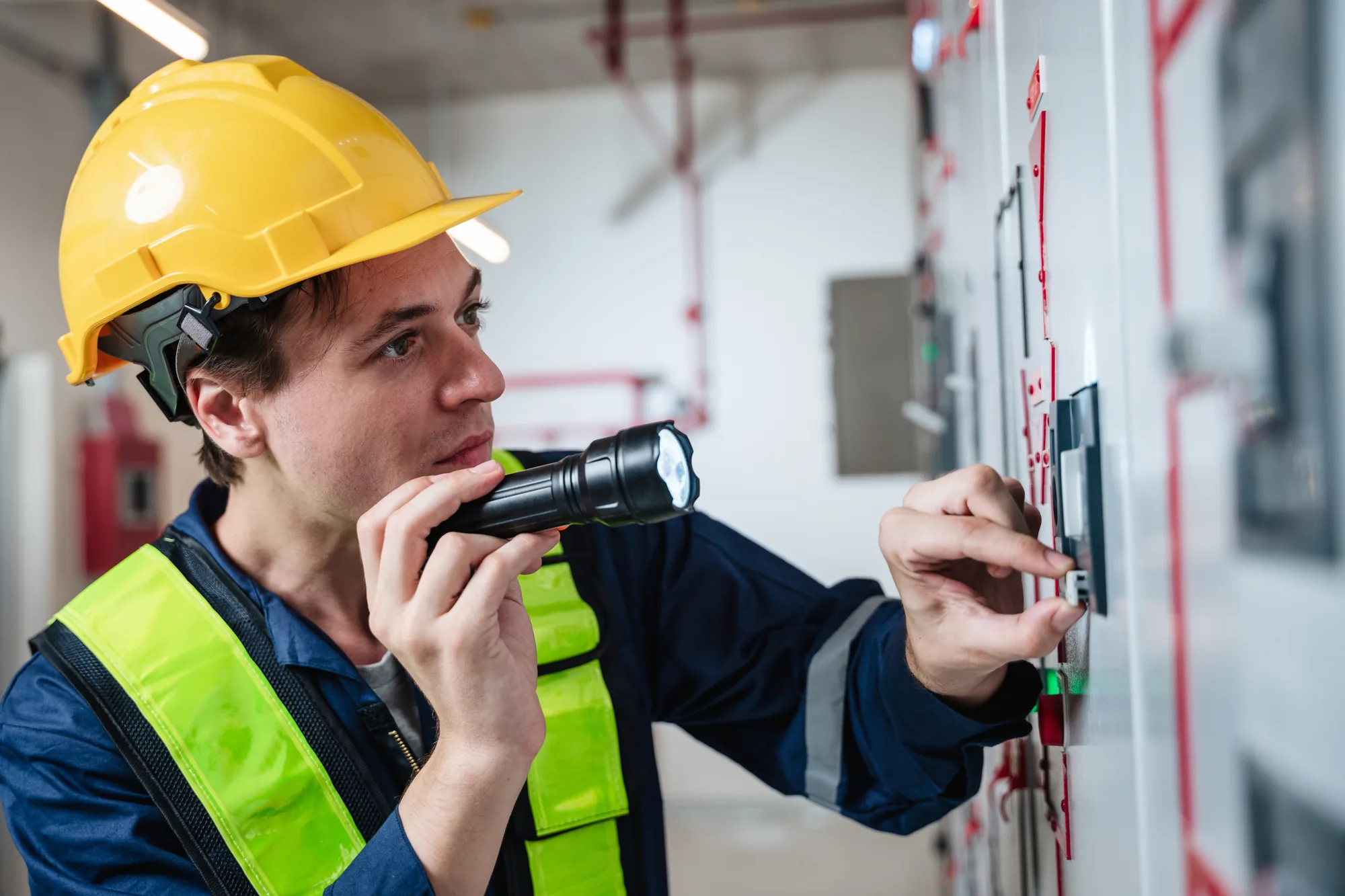 Technician using a flashlight to inspect a commercial electrical panel during a building safety check in the Bay Area