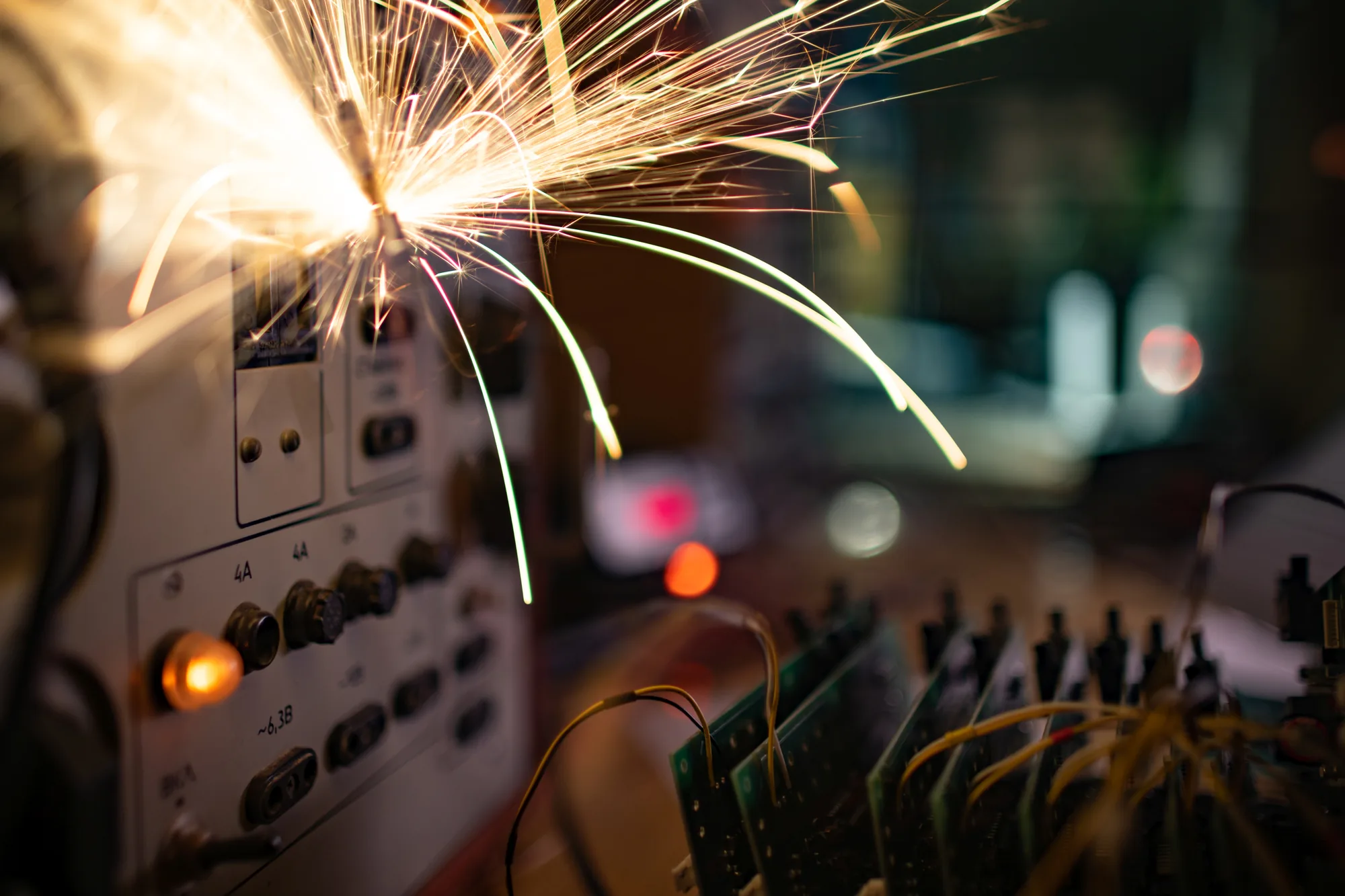Sparks flying from electrical equipment and exposed circuitry in a workshop